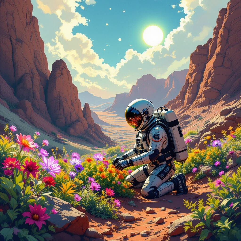 Terraformed Mars Garden in Gouache Style