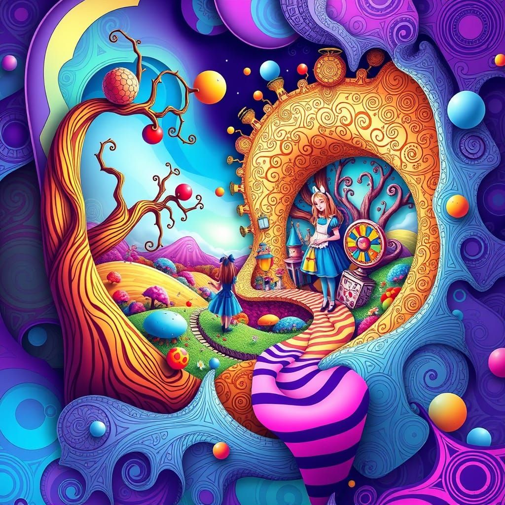 Alice in wonderland in an optical illusion abstract vector f...