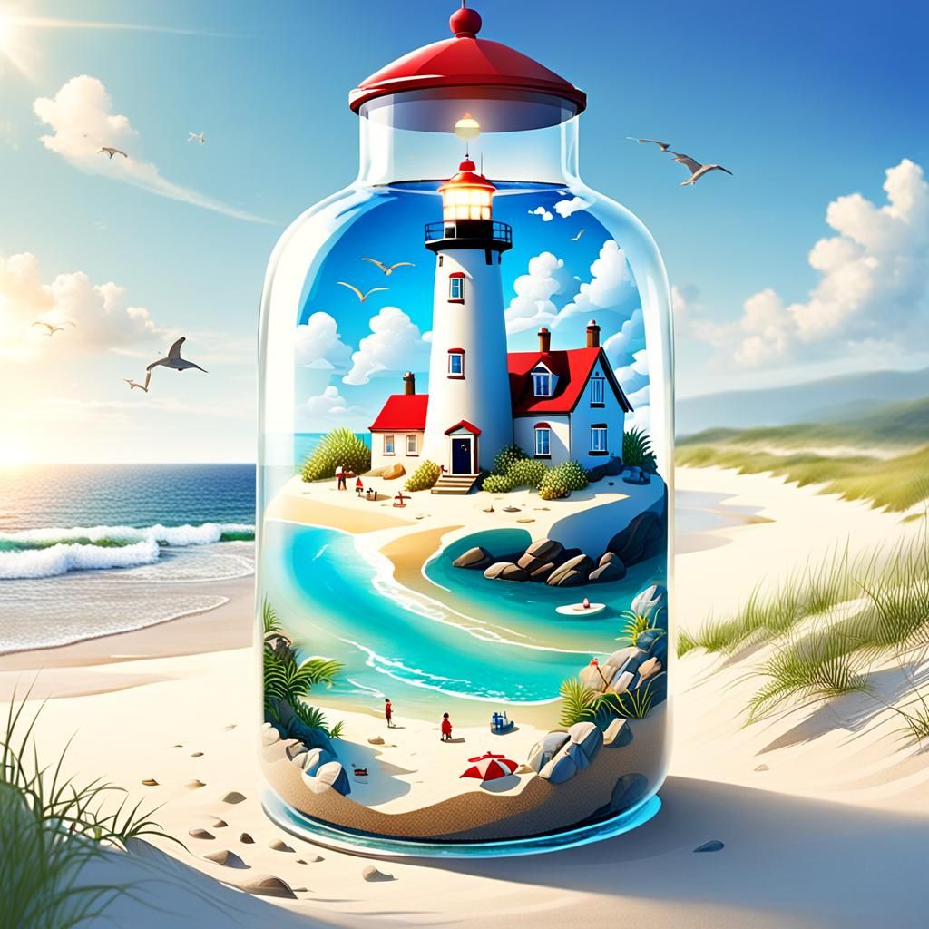 Lighthouse in a Bottle: Surreal Beach Scene