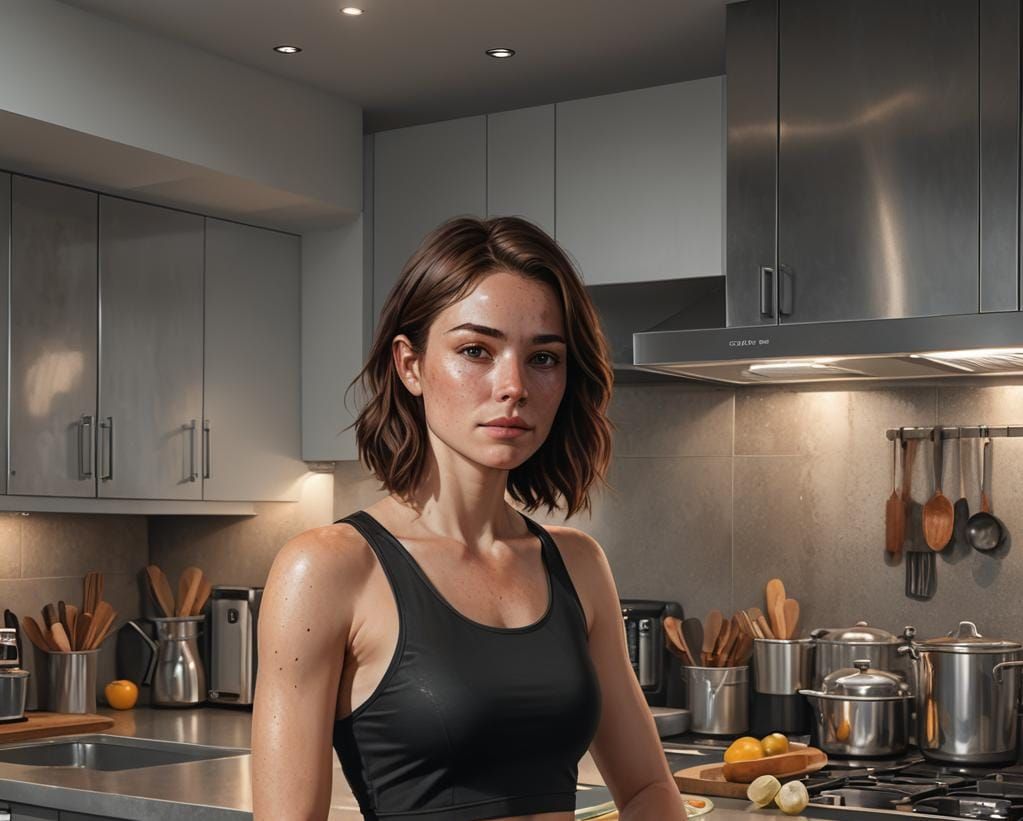 Detailed Portrait of a Girl in Kitchen, Art Nouveau Style