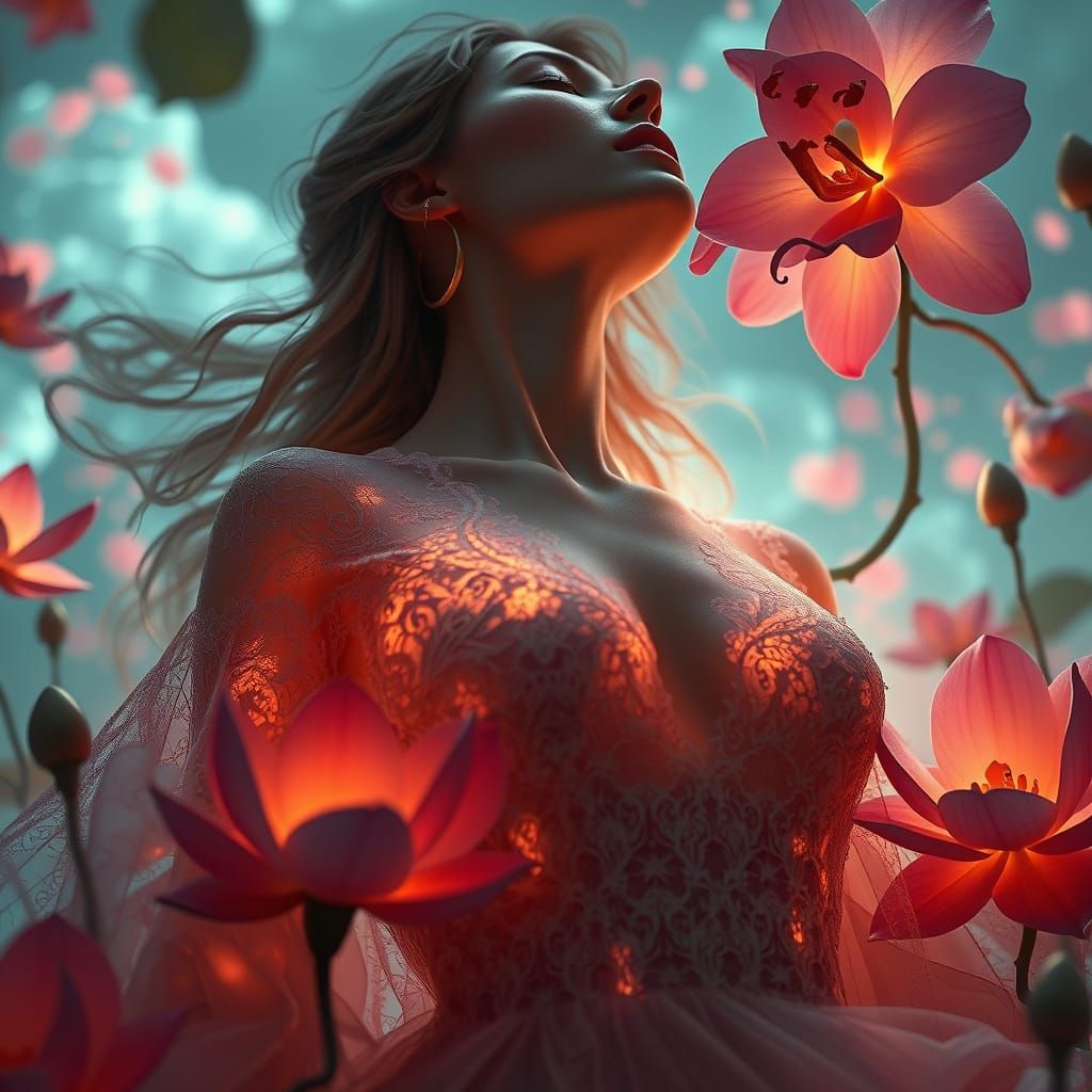 Ethereal Woman in Lace Dress with Flowing Energy