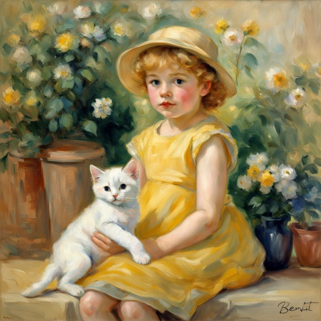 Sunny Domestic Scene with Curly Girl and Kitten