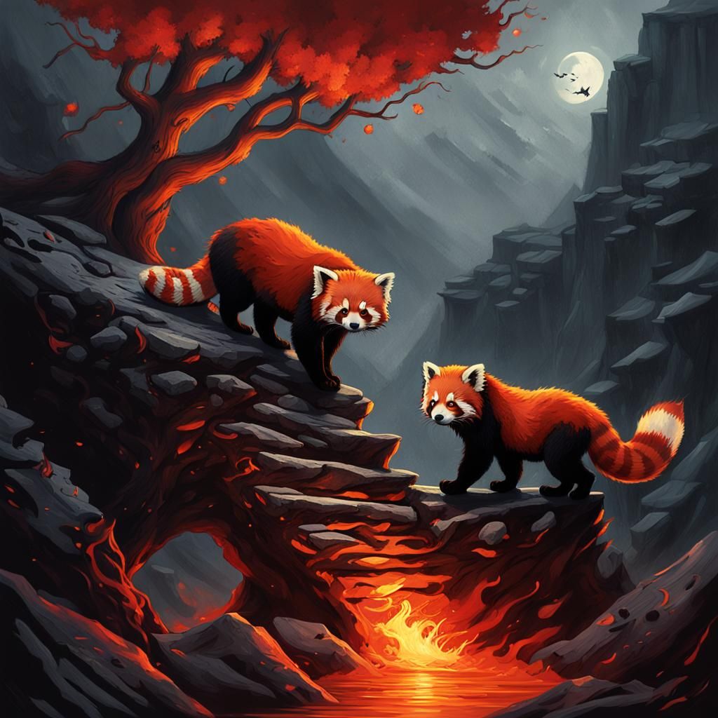 Red Panda and Cheetah Journey in Dark Fantasy Art