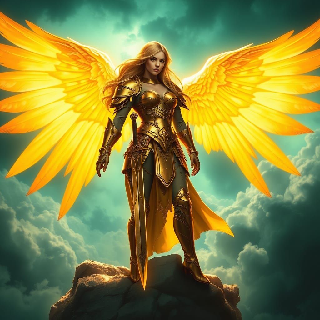 Golden Angel Warrior soars atop Clouds with Illuminated Wing...