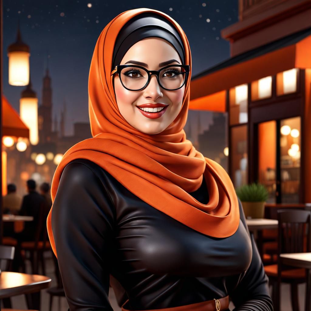 egyptian chubby hijabi woman in hijab (wearing gloves:1.2), dark brown eyes eye glasses brown eyes thick lips thin eyebr...