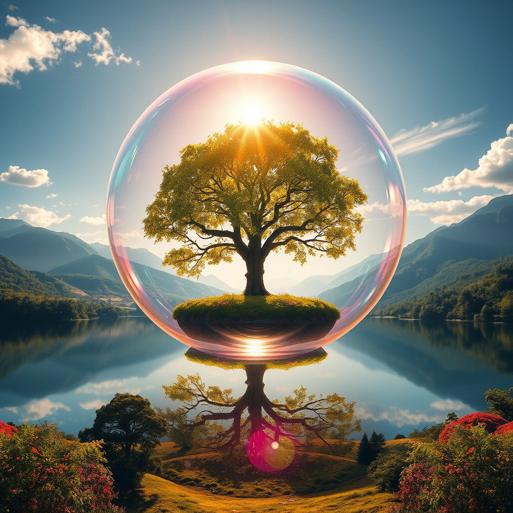 Tree Encapsulated in Luminous Soap Bubble Reflection