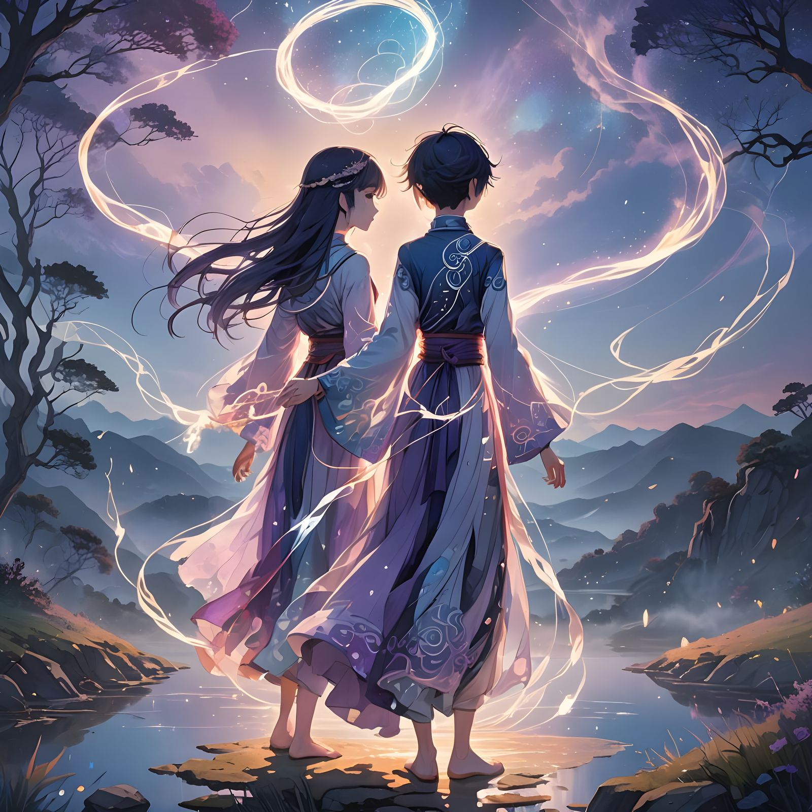 Connected Souls in Cel-Shaded Anime Style