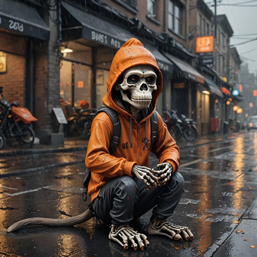 Gloomy Monkey Skeleton in Rainy Street Scene