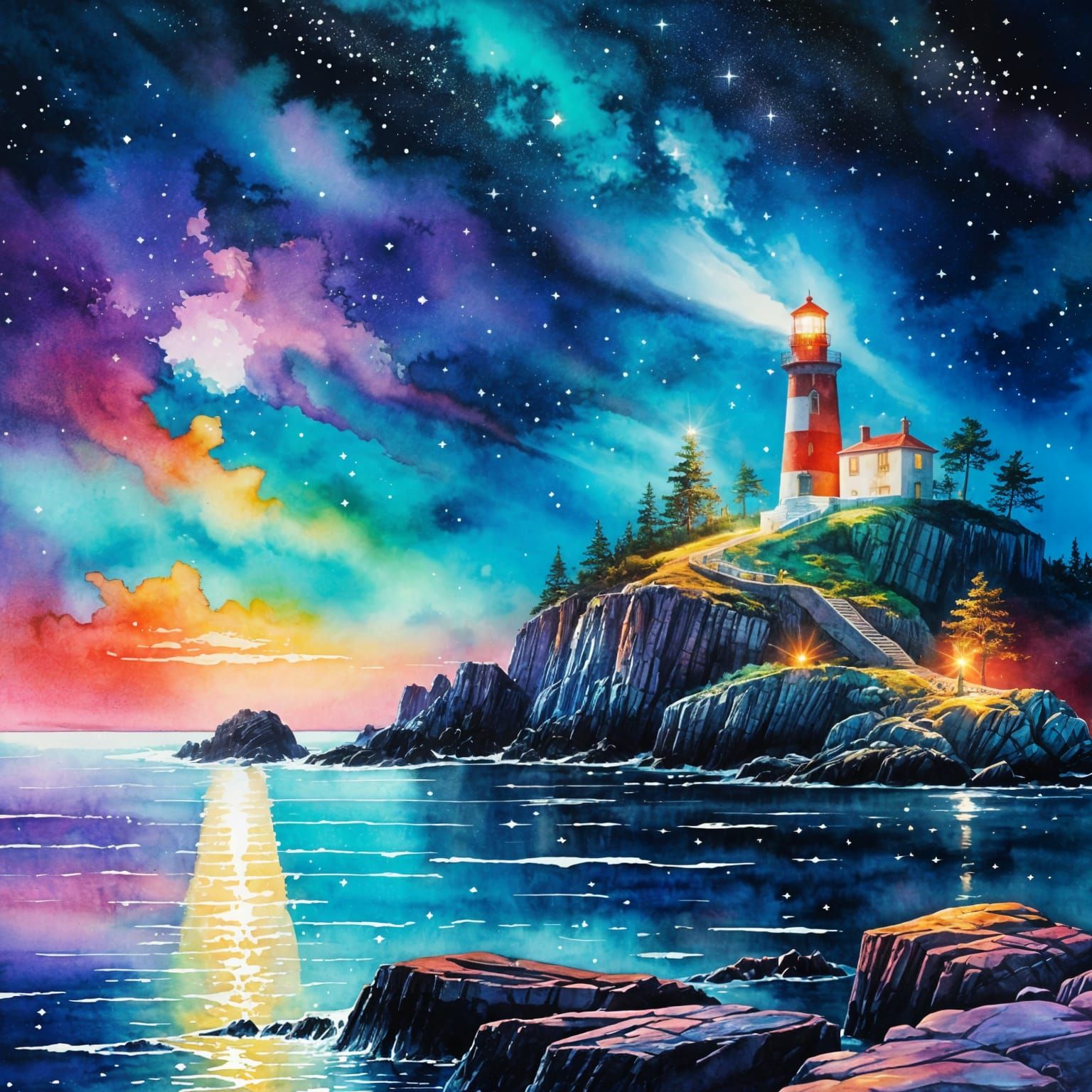Watercolor Lighthouse Under Astral Lights