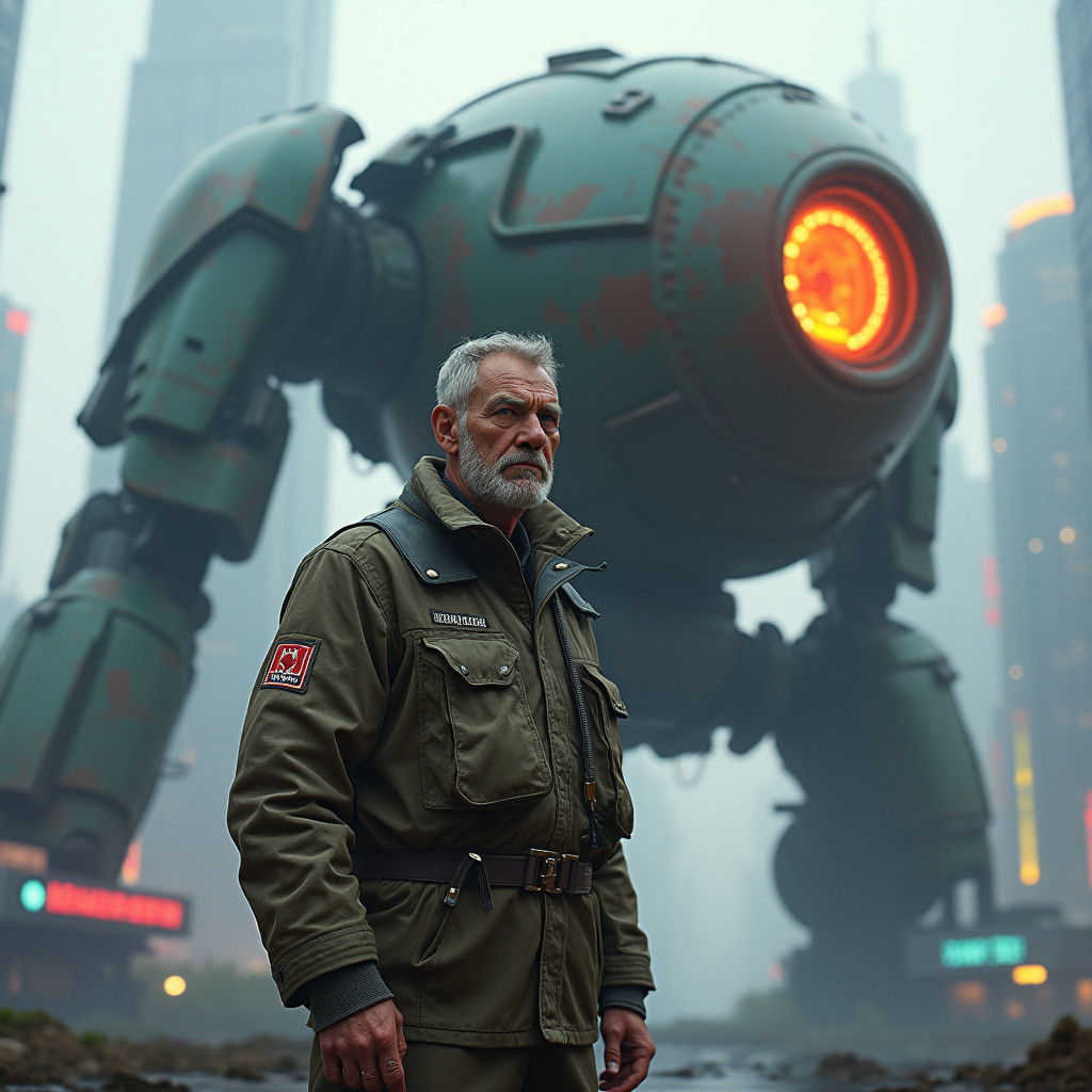 Canadian Veteran in Dystopian Cityscape: Cyberpunk Mech