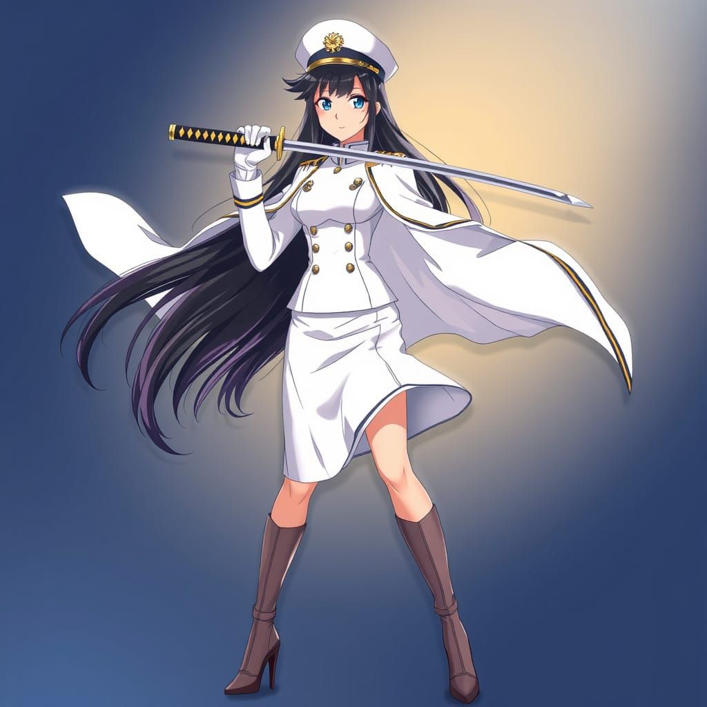 Anime Female Admiral with Katana in White Uniform