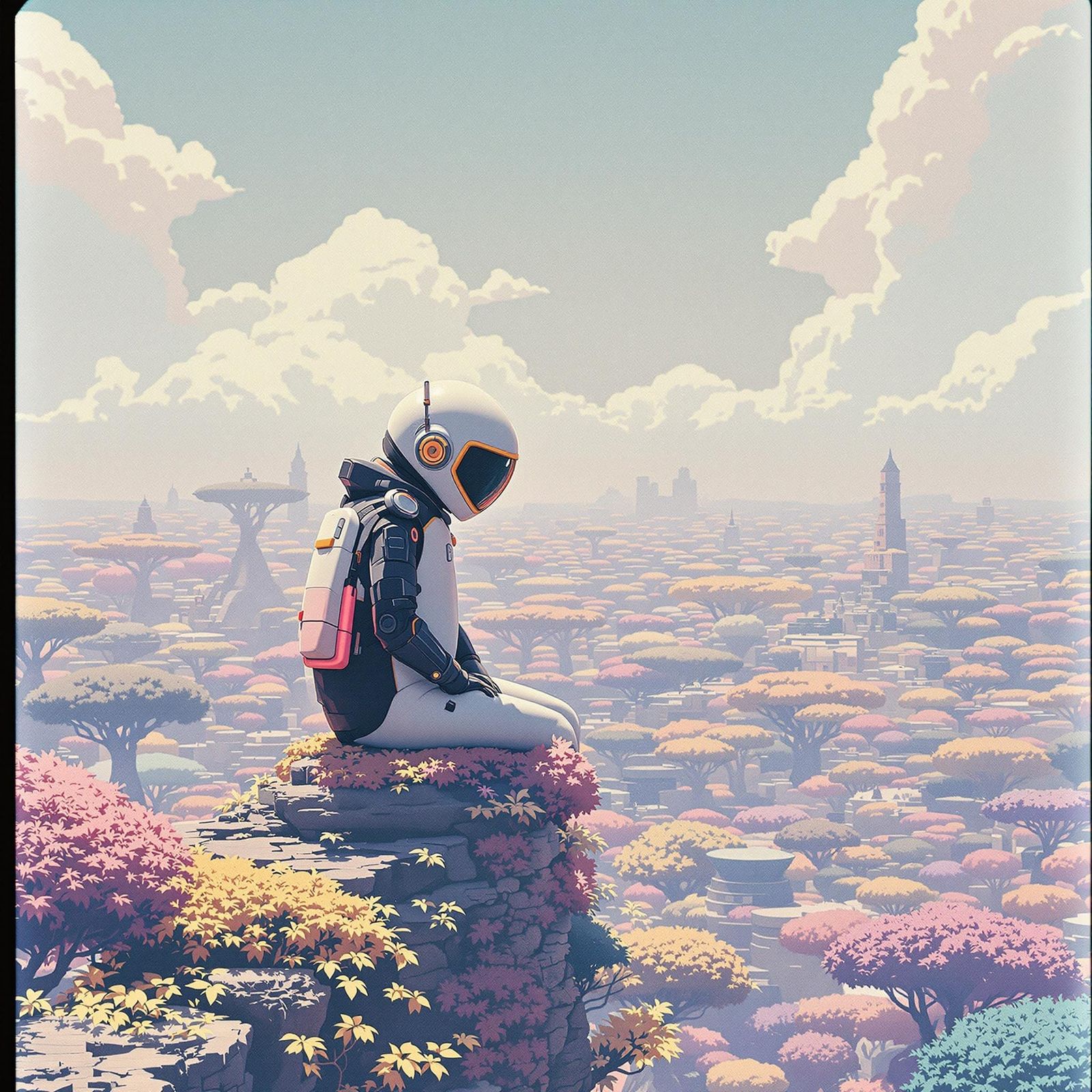 Penguinstronaut in a Retro-Futuristic Tree Village