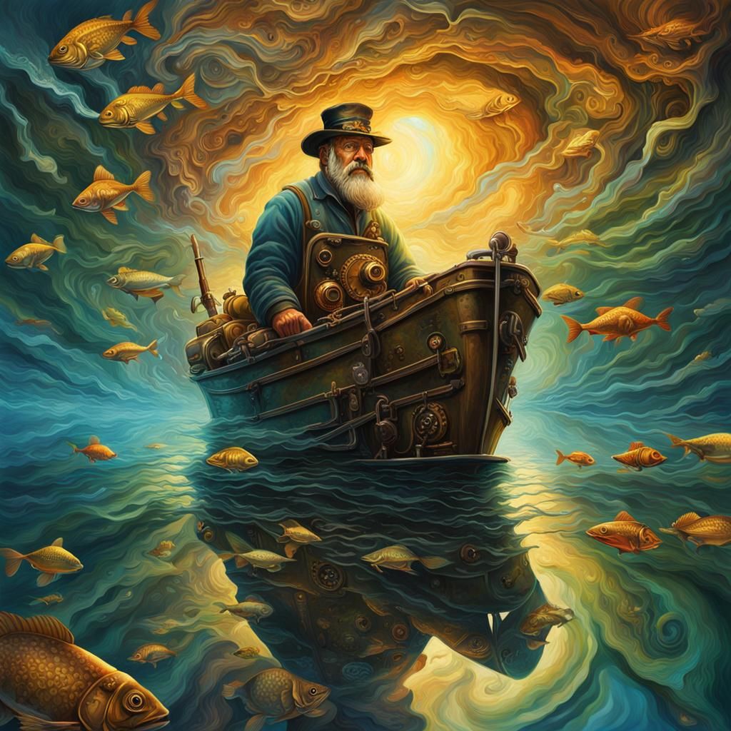 Remarkable Fisherman in Steampunk Splash Art