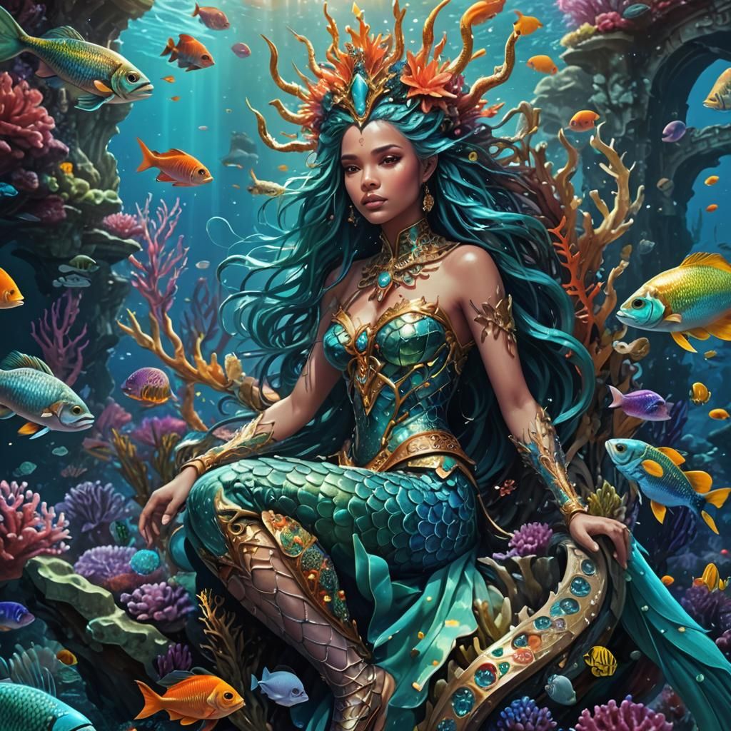 Ocean Queen on Underwater Throne: Fantasy Art
