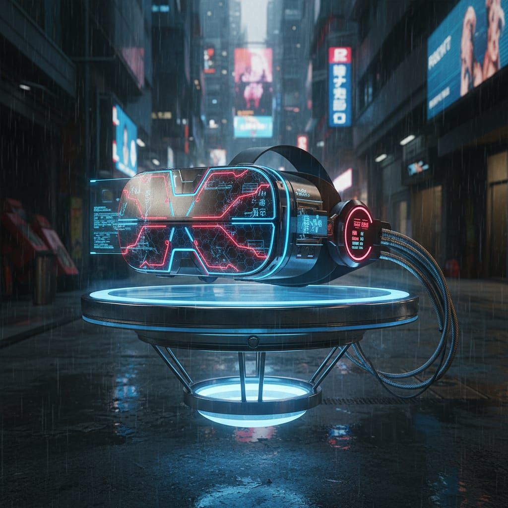 Cyberpunk Virtual Reality Headset on Hover Table