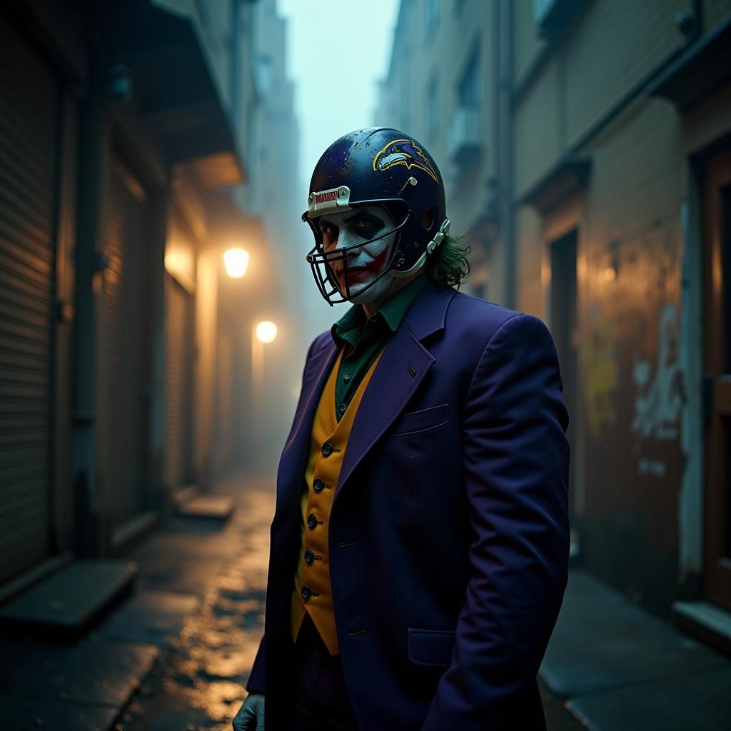 Joker in Ravens Helmet: Gritty Cinematic Film Still