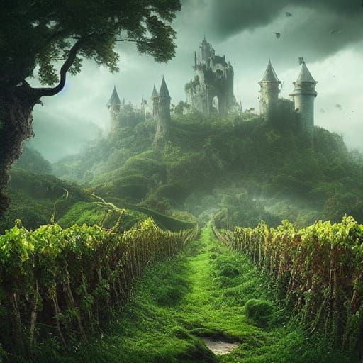 Overgrown Fantasy Landscape with Castle Ruins