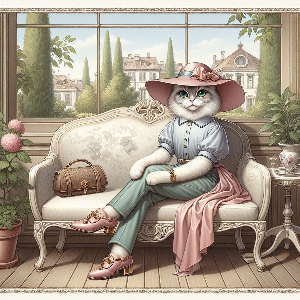 Elegant Cat in Anime Style on White Bench