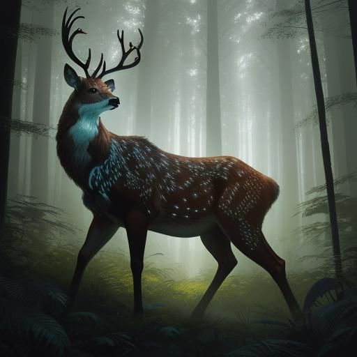 Bioluminescent Deer Guardian in Sunlit Forest Glade