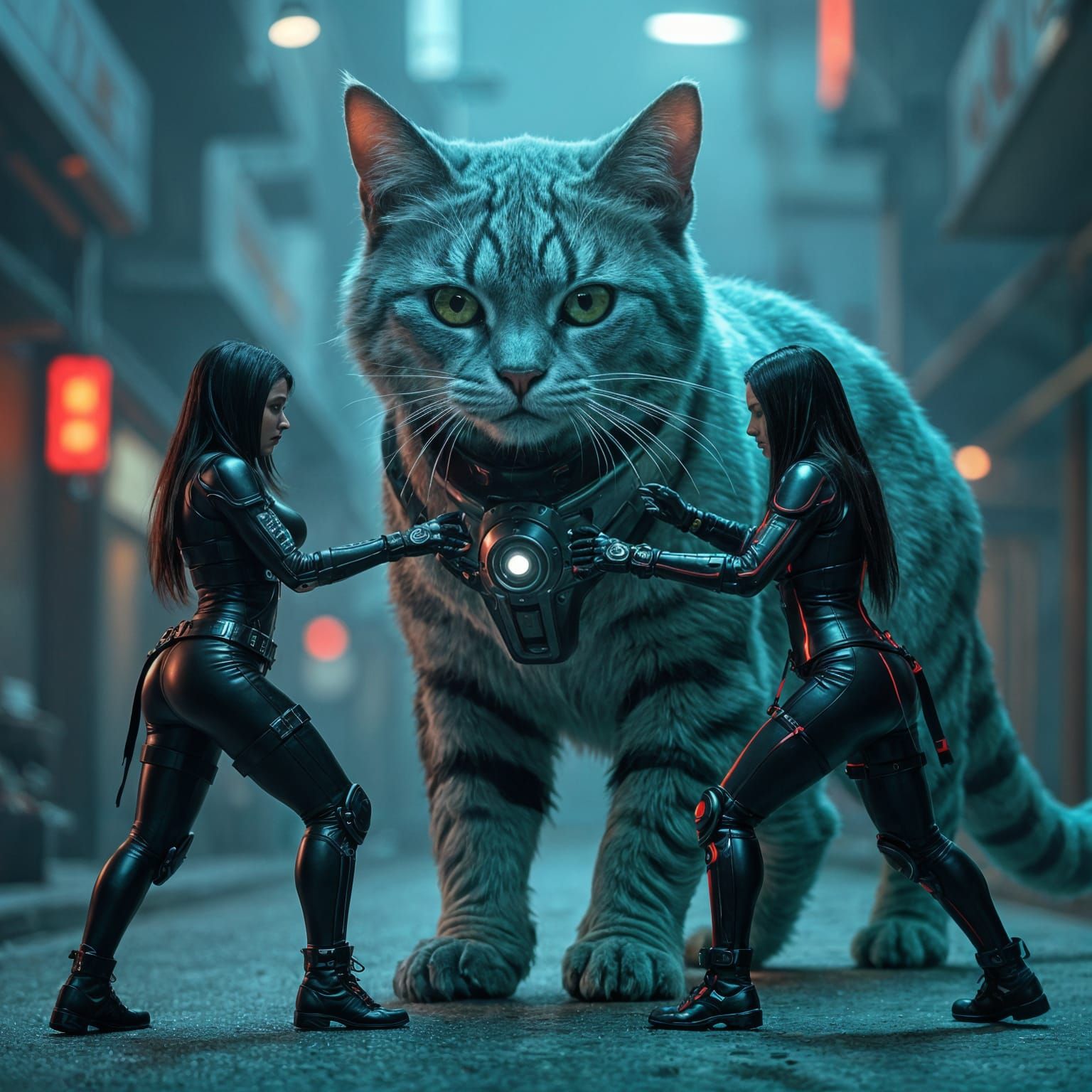 Biomechanical Women Attack Giant Cat in Dark Futuristic Styl...