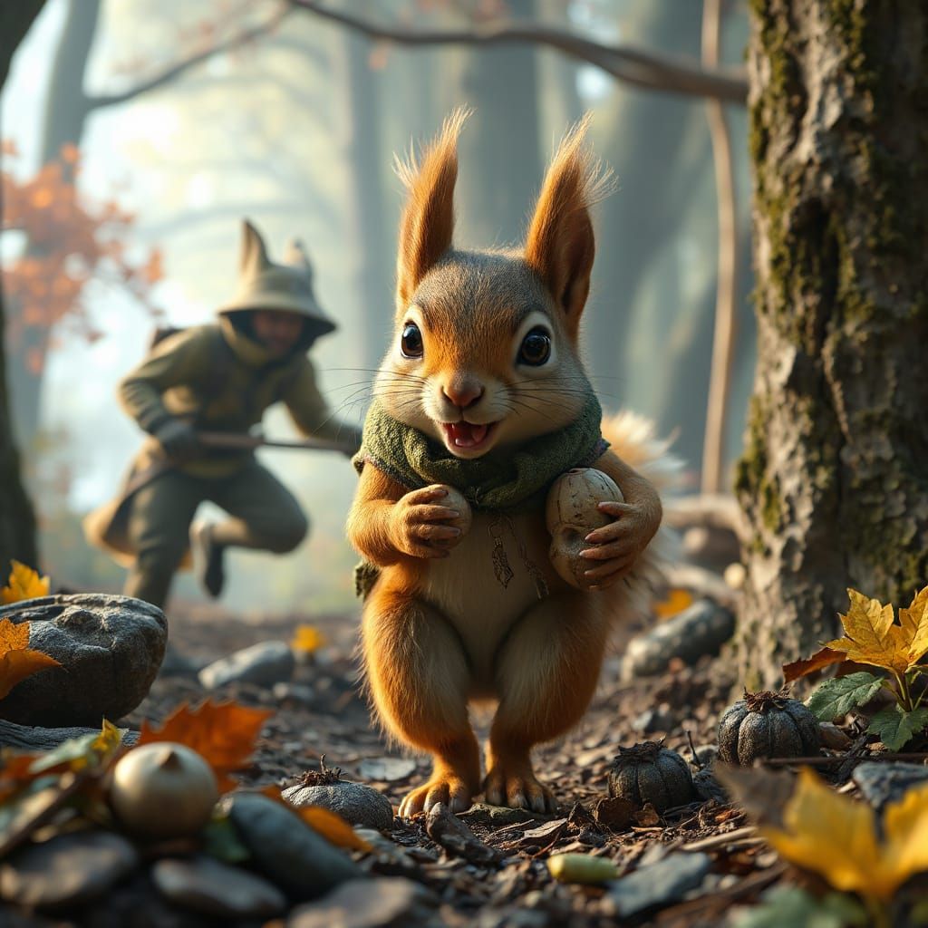 Squirrel holding nuts while running away from an angry man