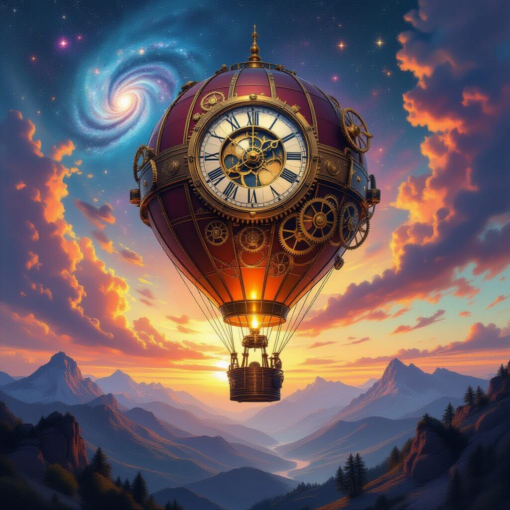 Clockwork Hot Air Balloon Ascends Through Cosmic Nebula