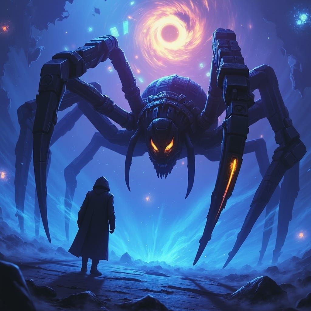 Cyberpunk Nightmare: Giant Spider Threatens a Lone Figure