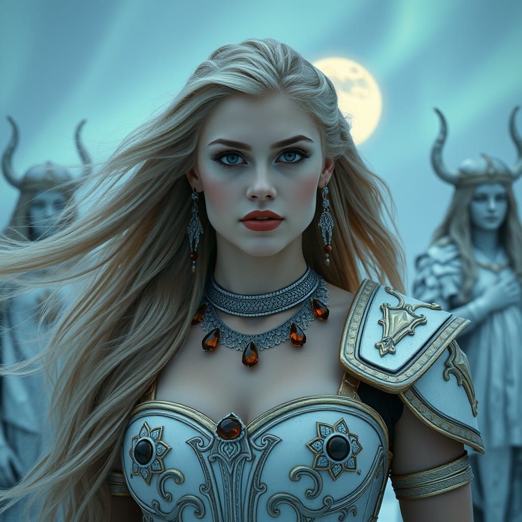 Ethereal Goddess Amidst Viking Statues Under Aurora Borealis