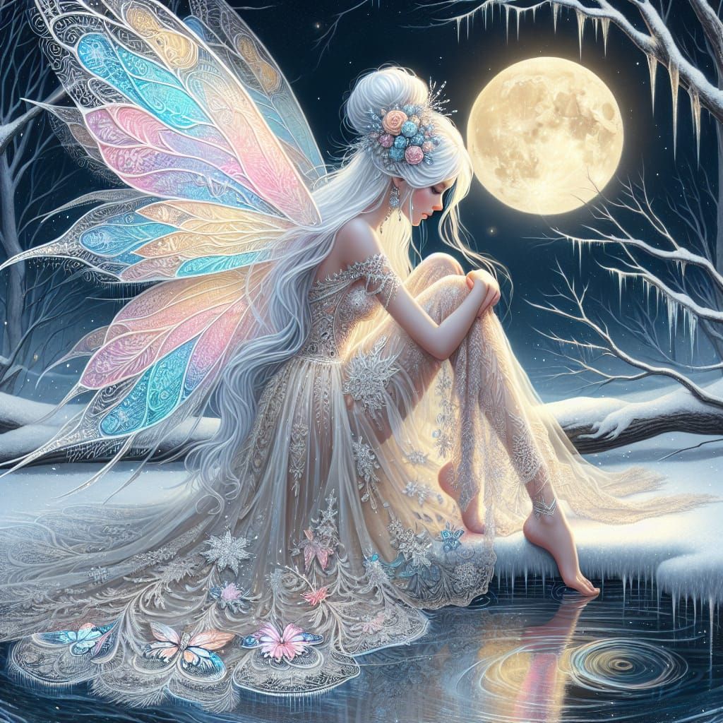 Winter Fairy Contemplates Serenity Under Starry Night