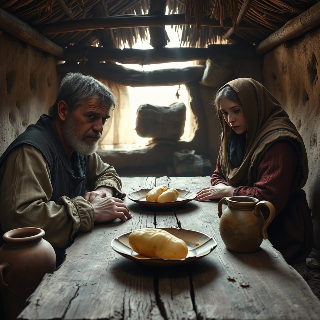 Medieval Peasants Face Hunger in a Grim Hovel Scene