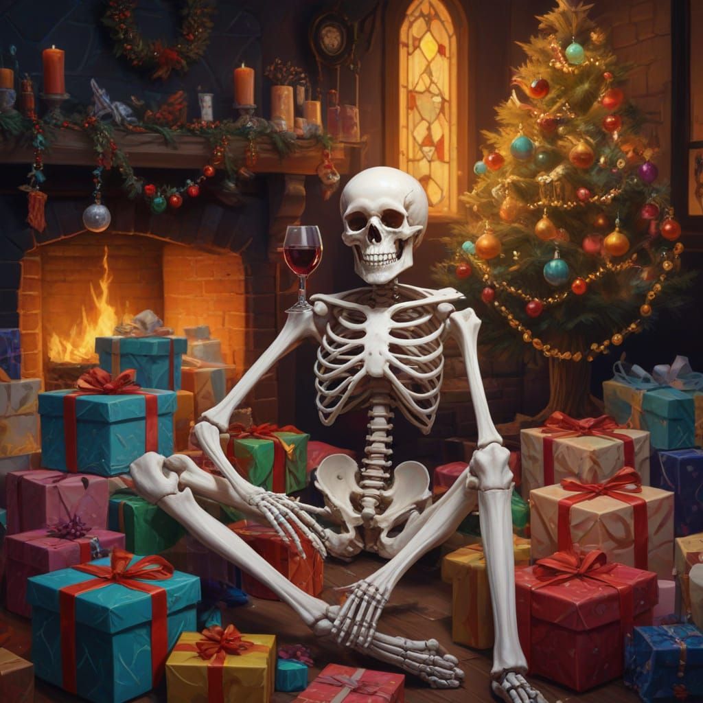 Skeleton Enjoys Wine Amidst Christmas Presents in Digital Ar...