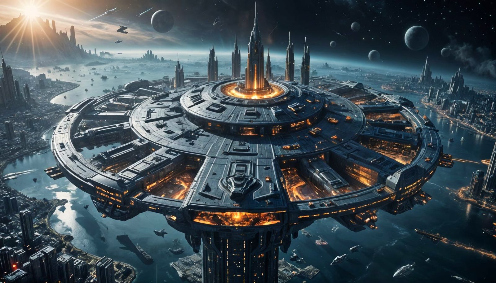 Sci-Fi Starship City Floating in Space