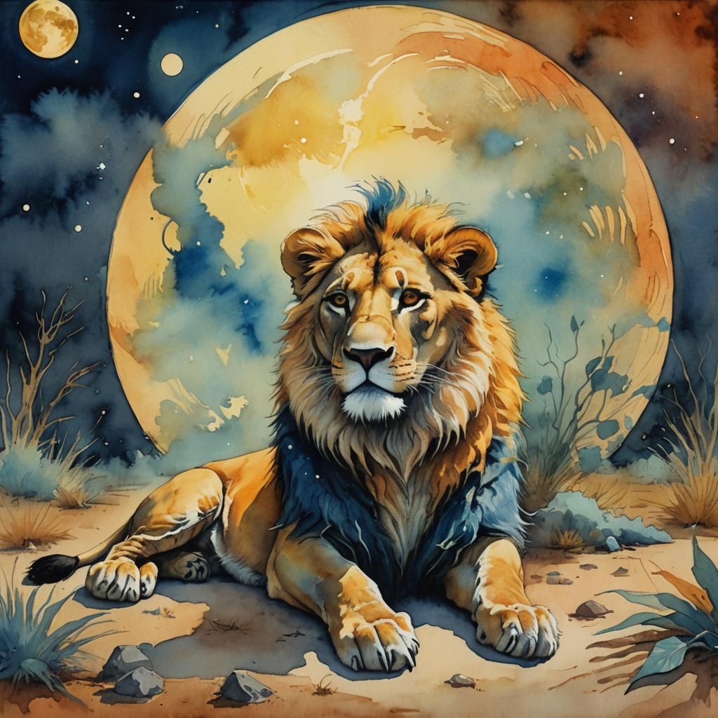 Dreamy Organicpunk Masterpiece with Lion and Full Moon