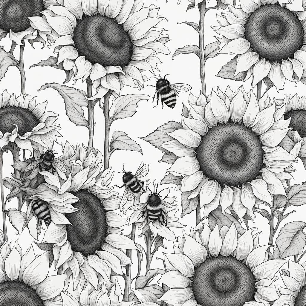 Sunflowers and Bees Line Drawing