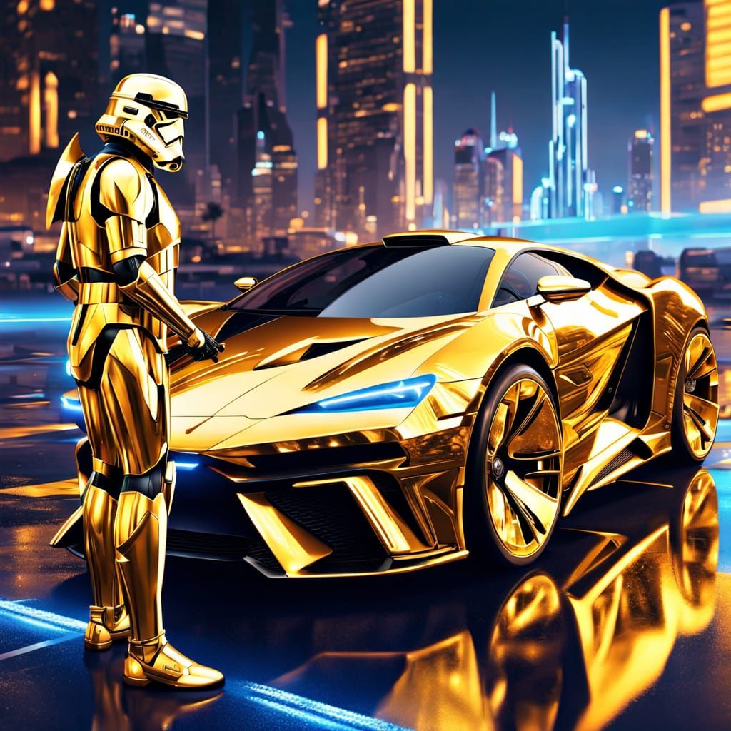 Gold Stormtrooper with Chrome Car in Neon Cityscape