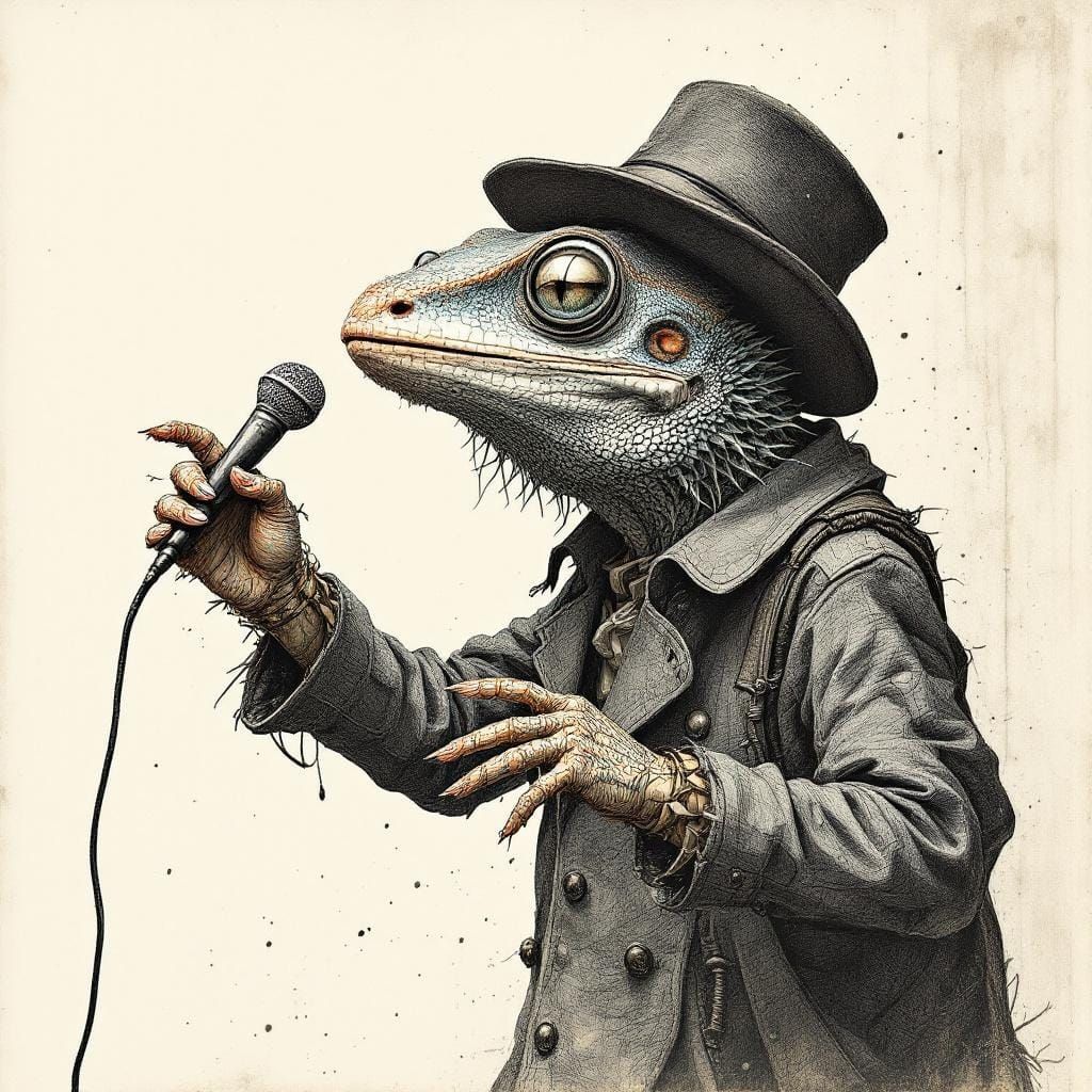 Singing Gecko in Scrimshaw Style with Microphone