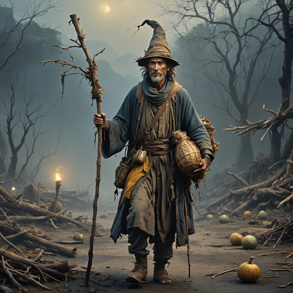 Worn Nomad with Staff in Mystic Lighting