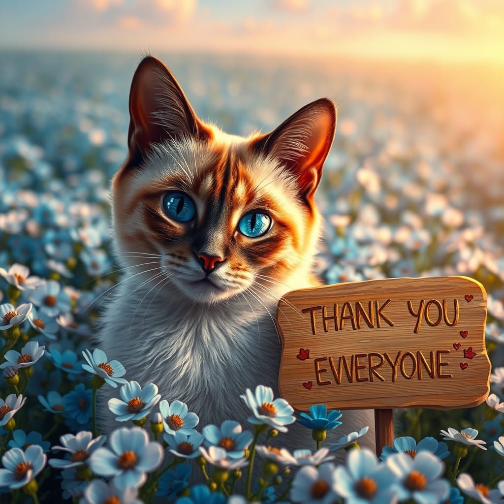 Siamese Cat in Blue Flower Field with Thank You Sign