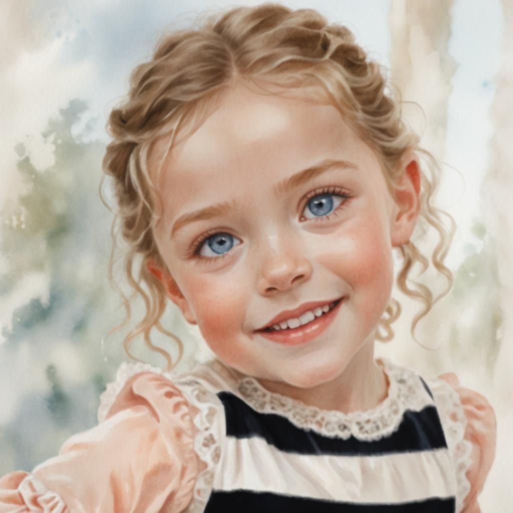 Watercolor Portrait of a Happy Girl in Garden