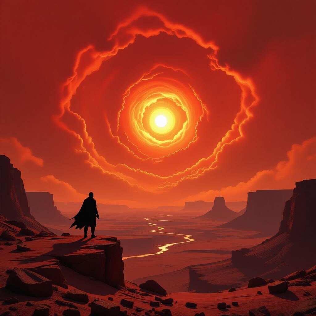 Adventurer on Precipice Overlooking Hellish Desert