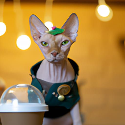 Sphynx Cat Barista at Starbucks: Professional Photo