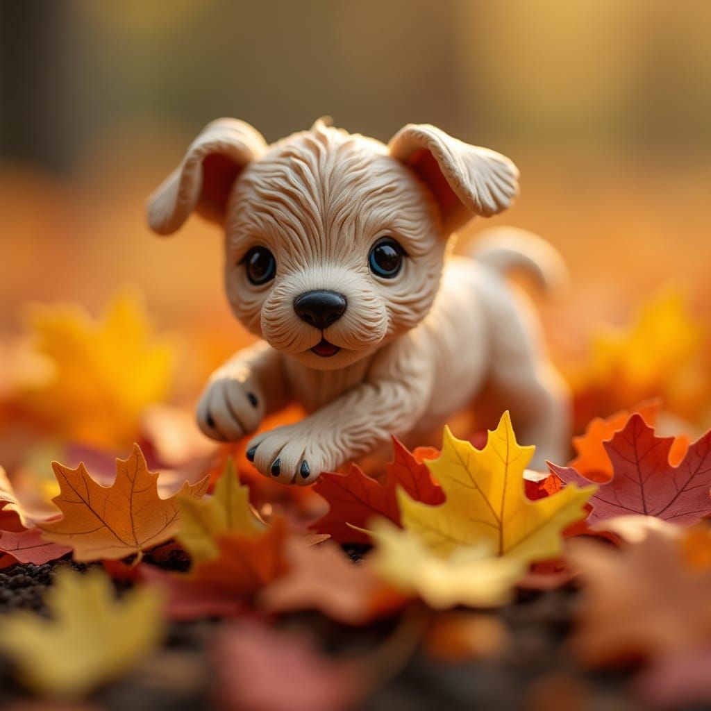 Tiny Puppy in Autumn Leaves: Miniature Art Scene