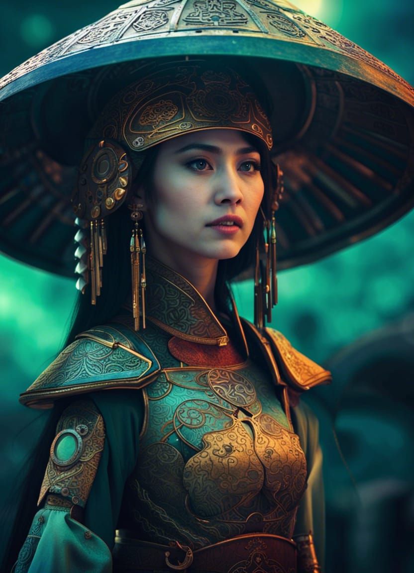 Robotic Warrior in Ao Dai on Exoplanet