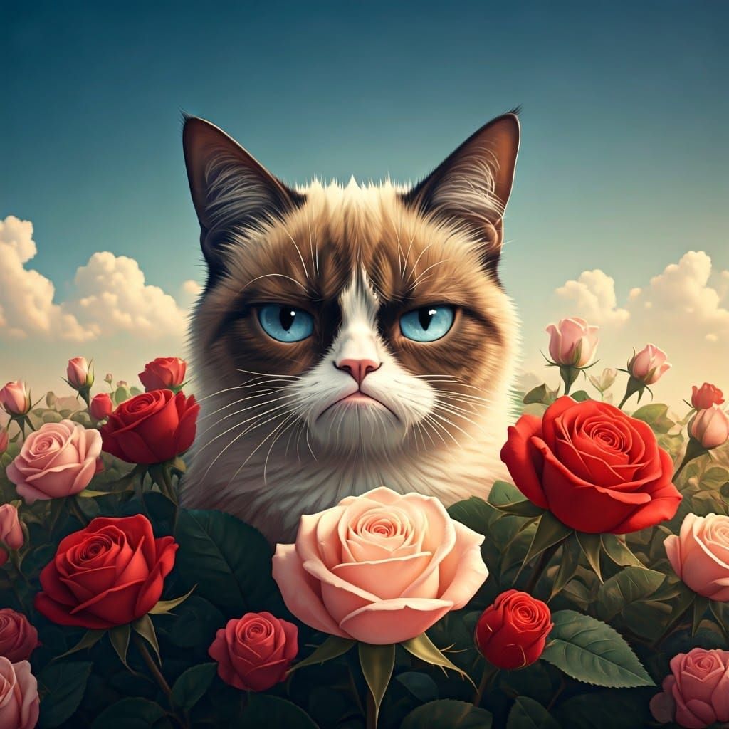 Grumpy Cat Rises from a Whimsical Rose Garden