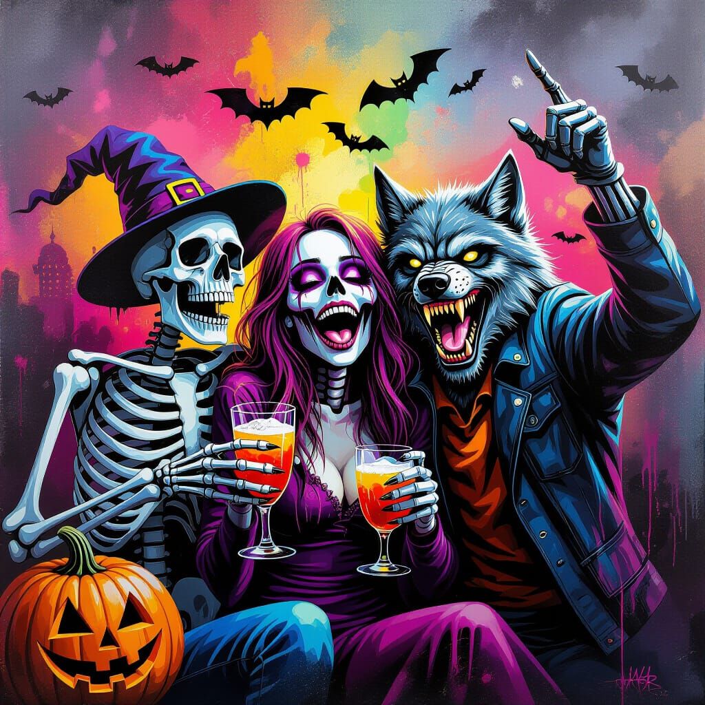 Halloween Spooks Party With Skeletons And Werewolves