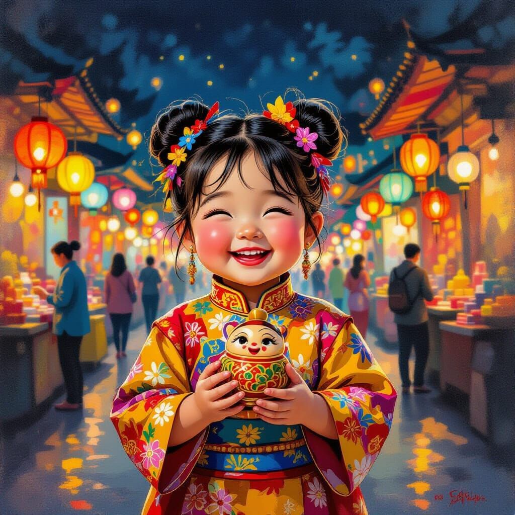 Joyful Girl in Festival Attire with Wooden Toy