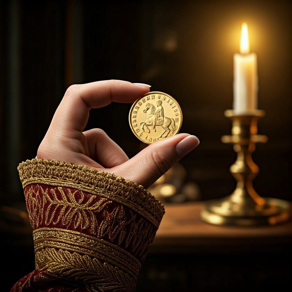 Medieval Noblewoman Displays Golden Franc Coin in Opulent Se...