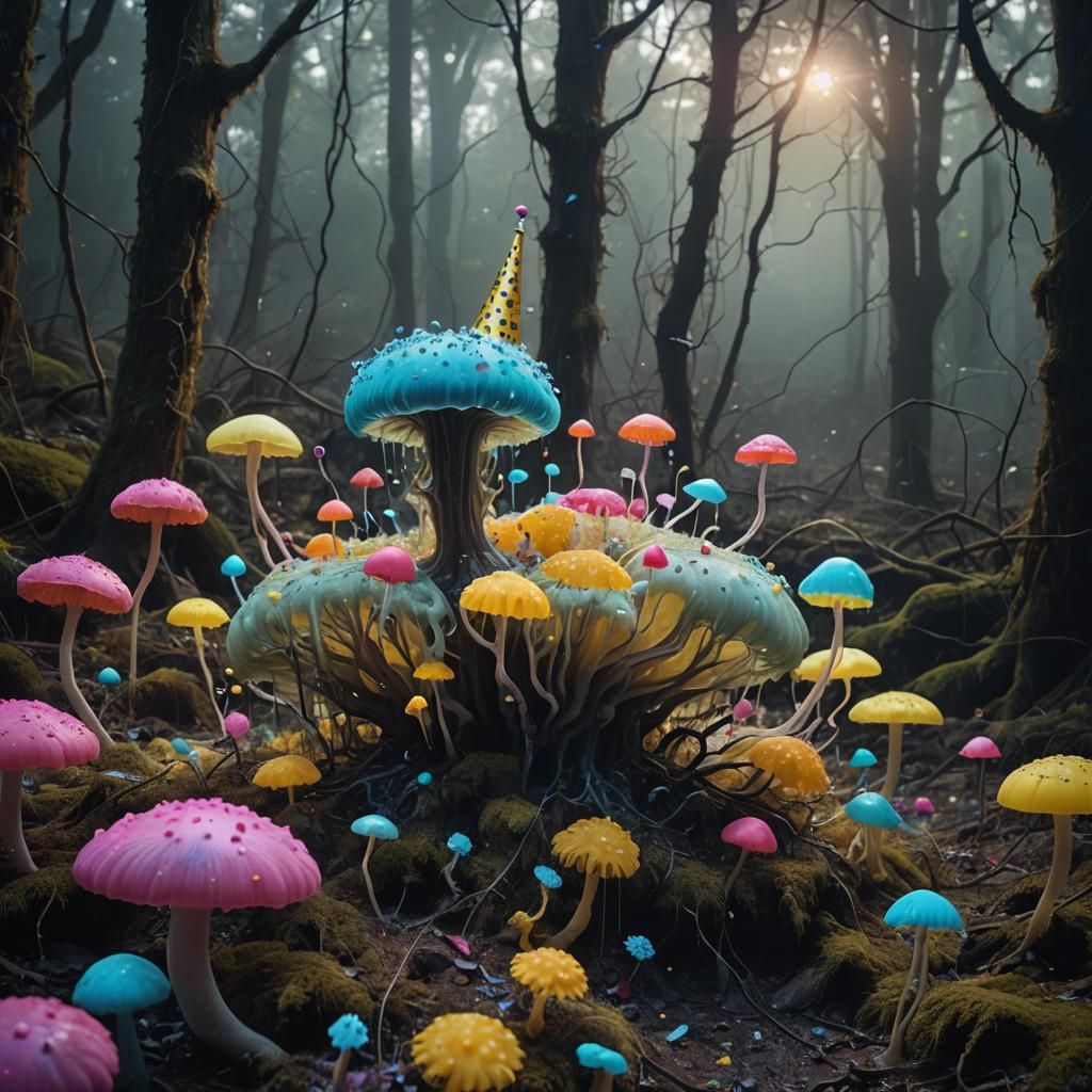 Slime Mold Party in Surreal Forest
