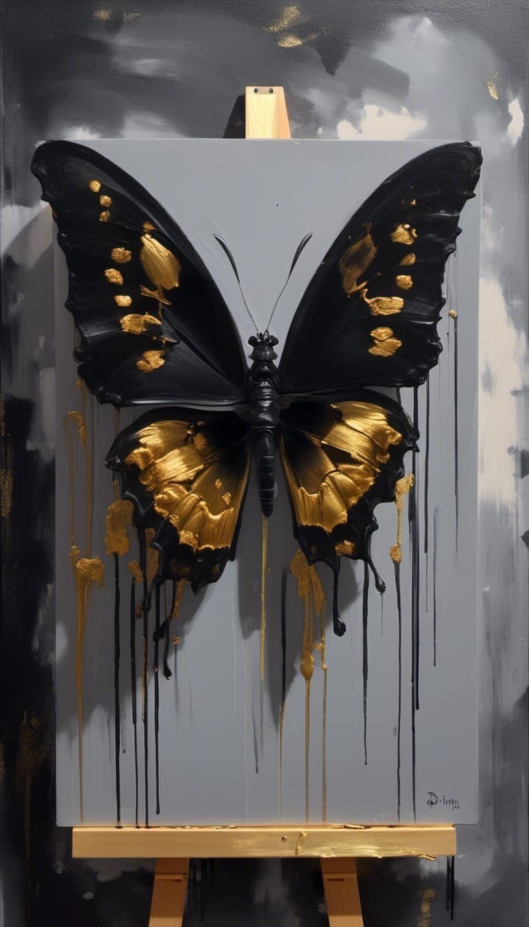 Black Butterfly Painting with Golden Highlights