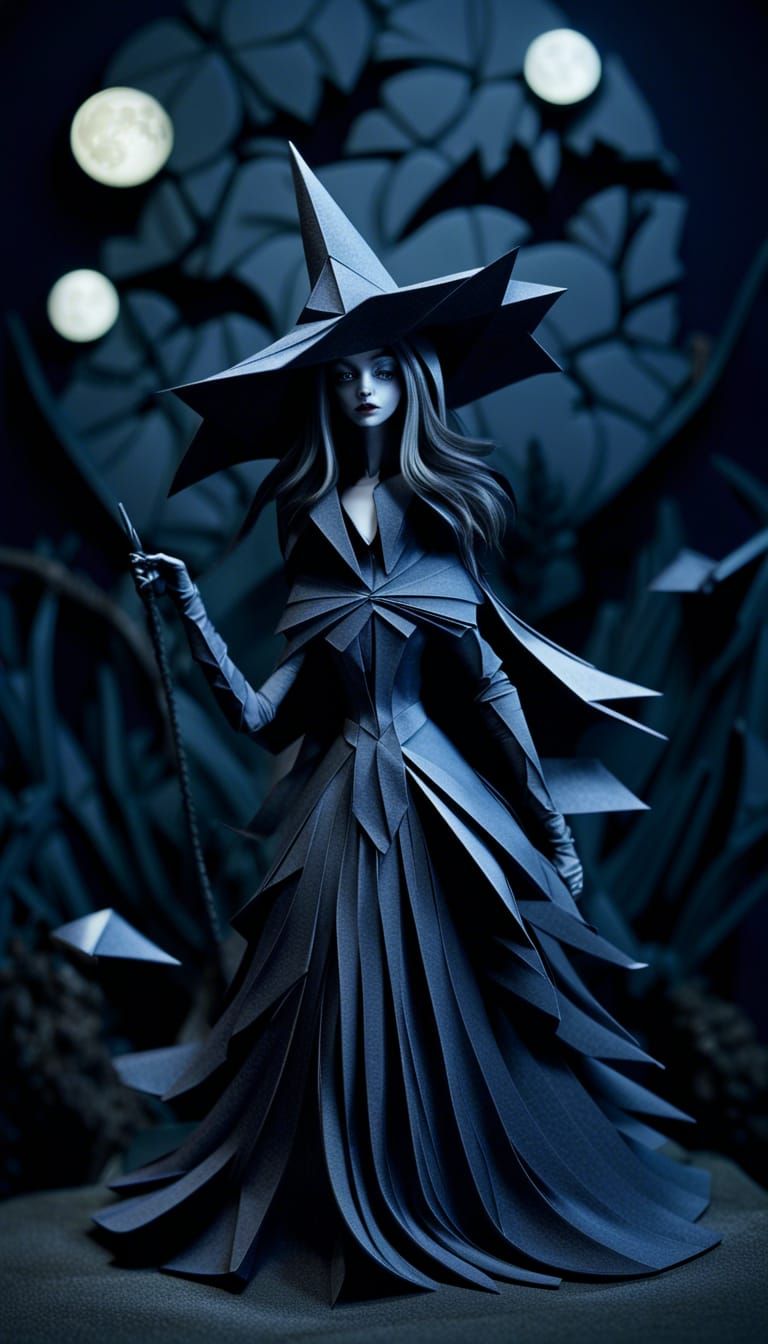 Gothic Dark Witch Under Moonlight in Origami Style